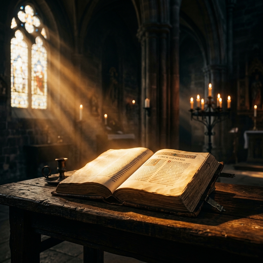 Bíblia aberta sobre mesa de madeira iluminada por luz dourada